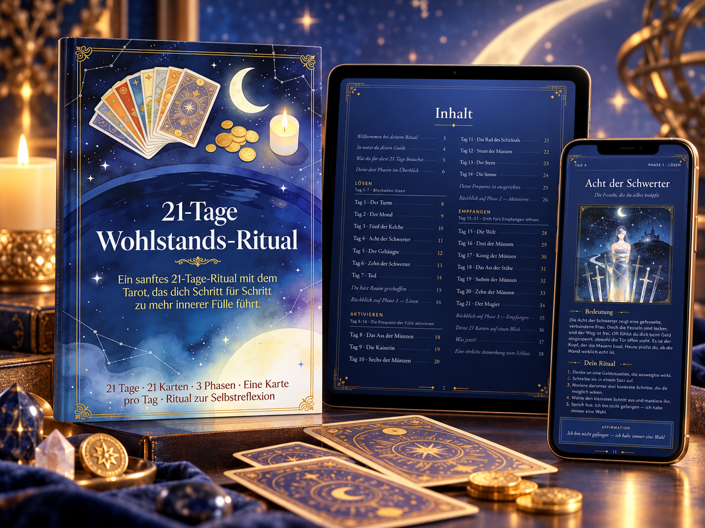 21-Tage Wohlstands-Ritual — Buch, Tablet und Smartphone